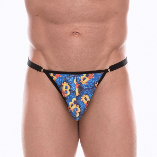 Синие мужские трусы-тонги с разноцветным принтом