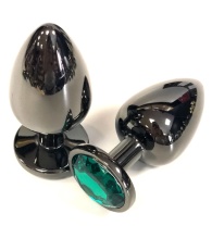 Черная металлическая анальная пробка с зеленым стразом - 7,5 см.