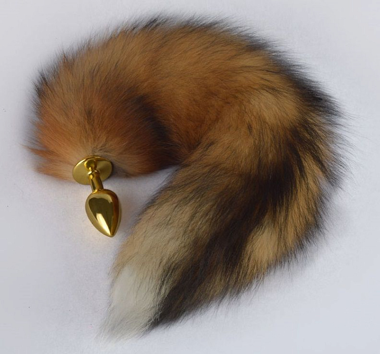 Золотистая анальная пробка с длинным хвостом