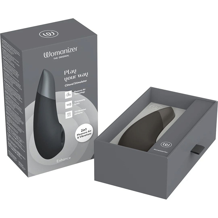 Черный бесконтактный клиторальный стимулятор Womanizer Enhance с вибрацией