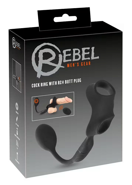 Черное виброкольцо с анальной пробкой Cock Ring with RC Butt Plug
