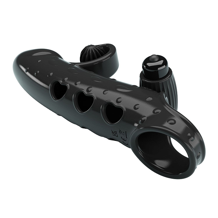 Черная вибронасадка на пенис с подхватом мошонки - 20 см.