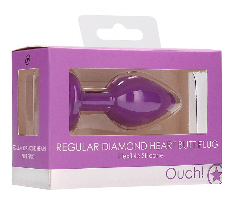 Фиолетовая анальная пробка с прозрачным стразом Diamond Heart Butt Plug - 7,3 см.