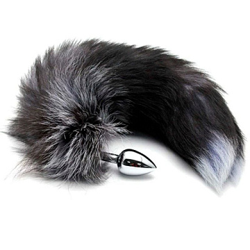 Серебристая анальная пробка с темным лисьим хвостом Black   White Fox Tail Size S