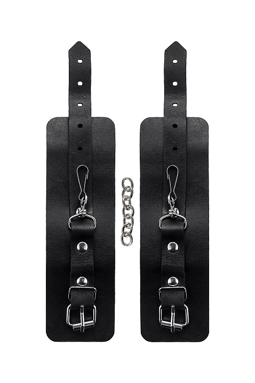 Черные однослойные наручники из натуральной кожи с цепочкой