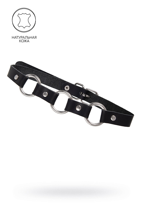 Черный кожаный чокер-ошейник с тремя кольцами