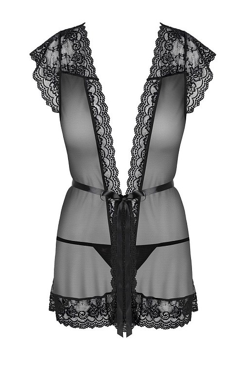 Коротенький пеньюар с атласным пояском и кружевами