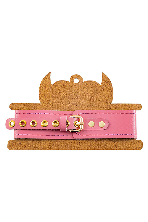 Розовый кожаный однослойный ошейник с прошивкой