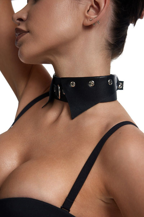 Черный однослойный кожаный ошейник с имитацией воротничка