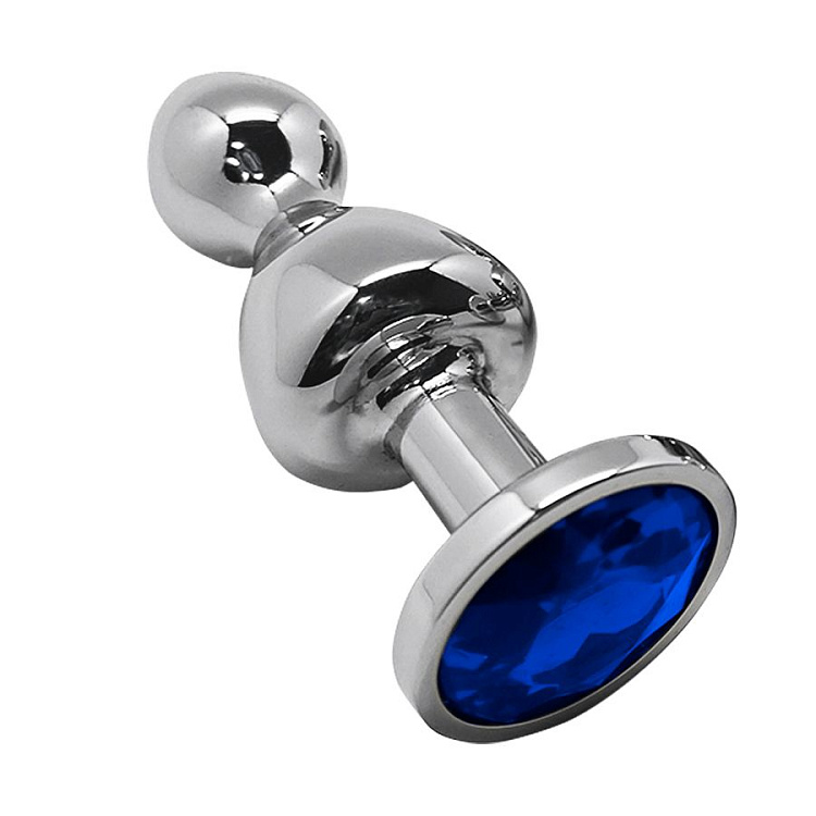 Серебристая анальная втулка Wooomy Lollypop M с синим кристаллом - 9,4 см.