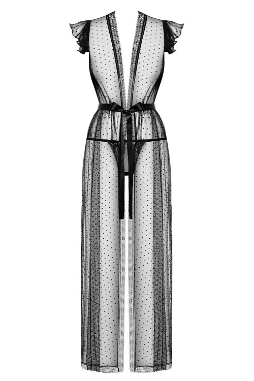 Восхитительный длинный полупрозрачный пеньюар с атласным поясом