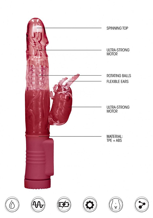 Красный вибратор-кролик Rotating Beetle - 22 см.
