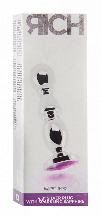 Серебристая фигурная анальная пробка с фиолетовым кристаллом - 14 см.