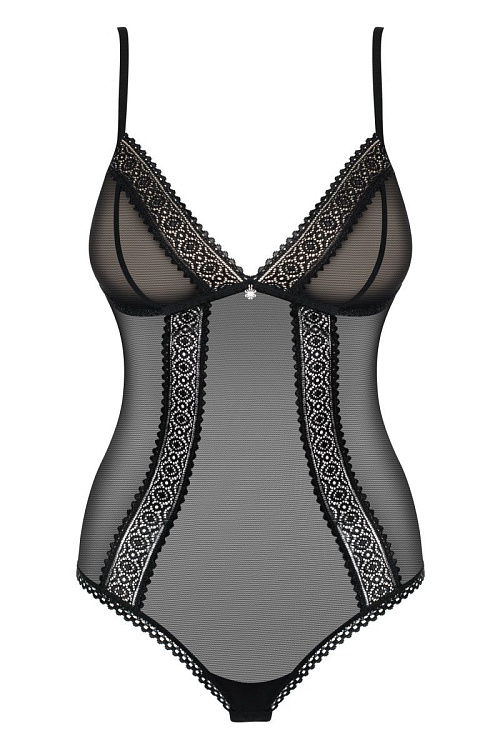 Полупрозрачное боди с кружевными вставками и атласным бантиком