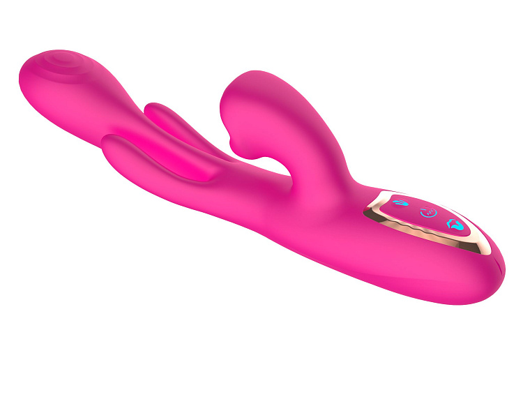 Розовый вибратор со стимуляцией клитора и фингерингом - 23,5 см.
