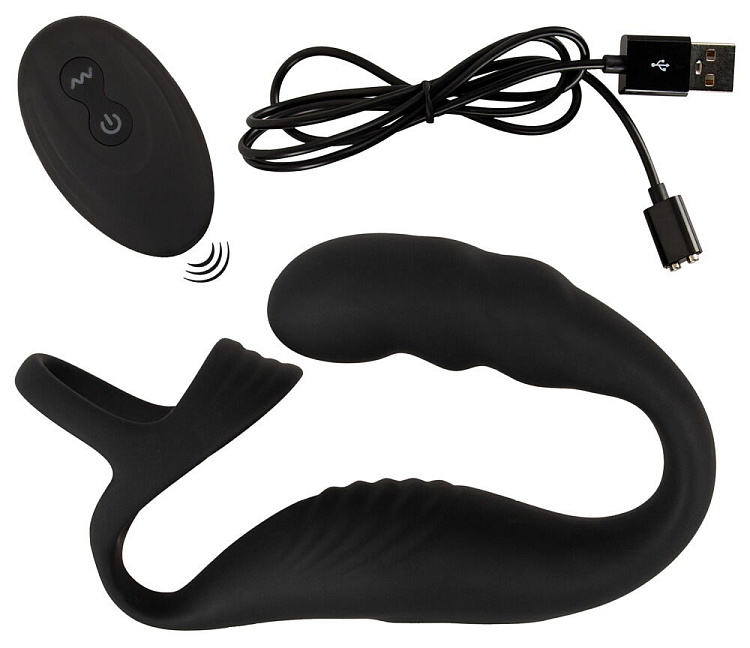 Черное эрекционное кольцо со стимуляцией промежности и анальной пробкой Cock Ring with RC Prostate Plug