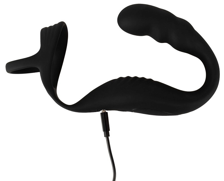 Черное эрекционное кольцо со стимуляцией промежности и анальной пробкой Cock Ring with RC Prostate Plug