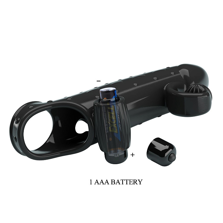 Черная вибронасадка на пенис с подхватом мошонки - 20 см.