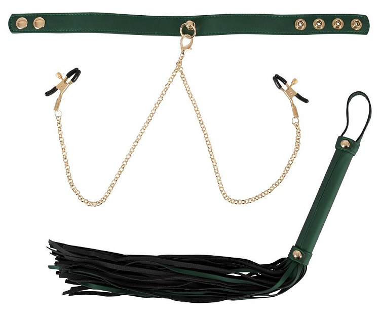 Зелёный комплект Fetish Set: ошейник, цепи с зажимами, плеть